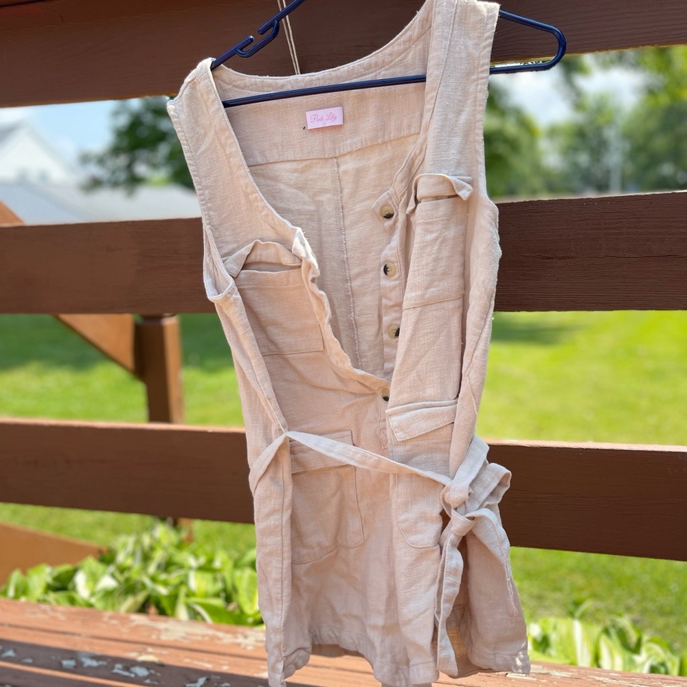 Pink Lily Independent Love Taupe Linen Cargo Romper
